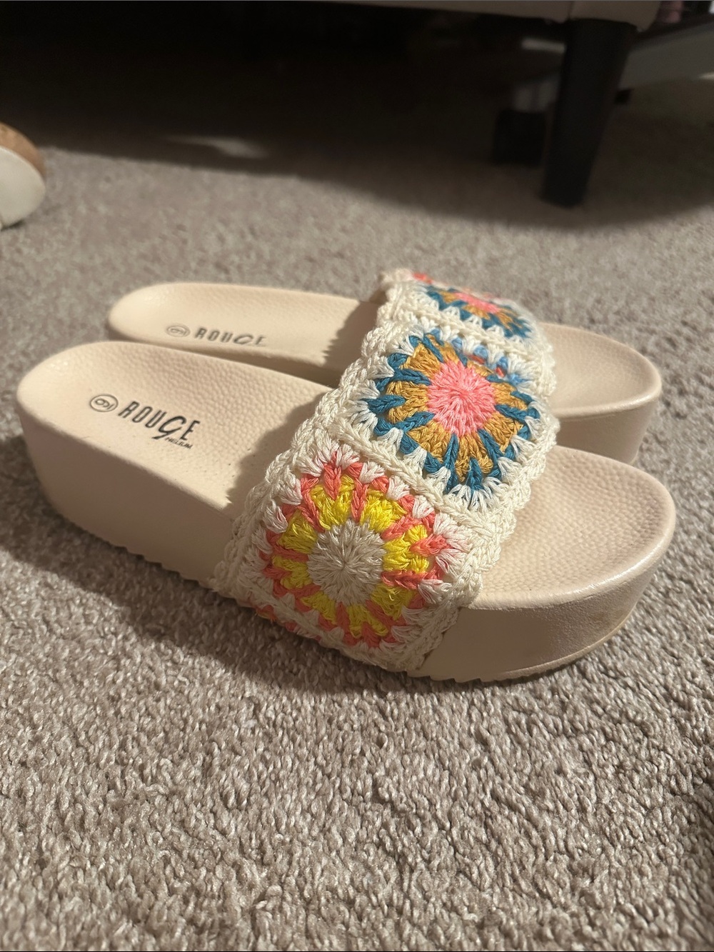 Rouge! Cream Platform Slide Sandals with Multicolor Crochet Strap
